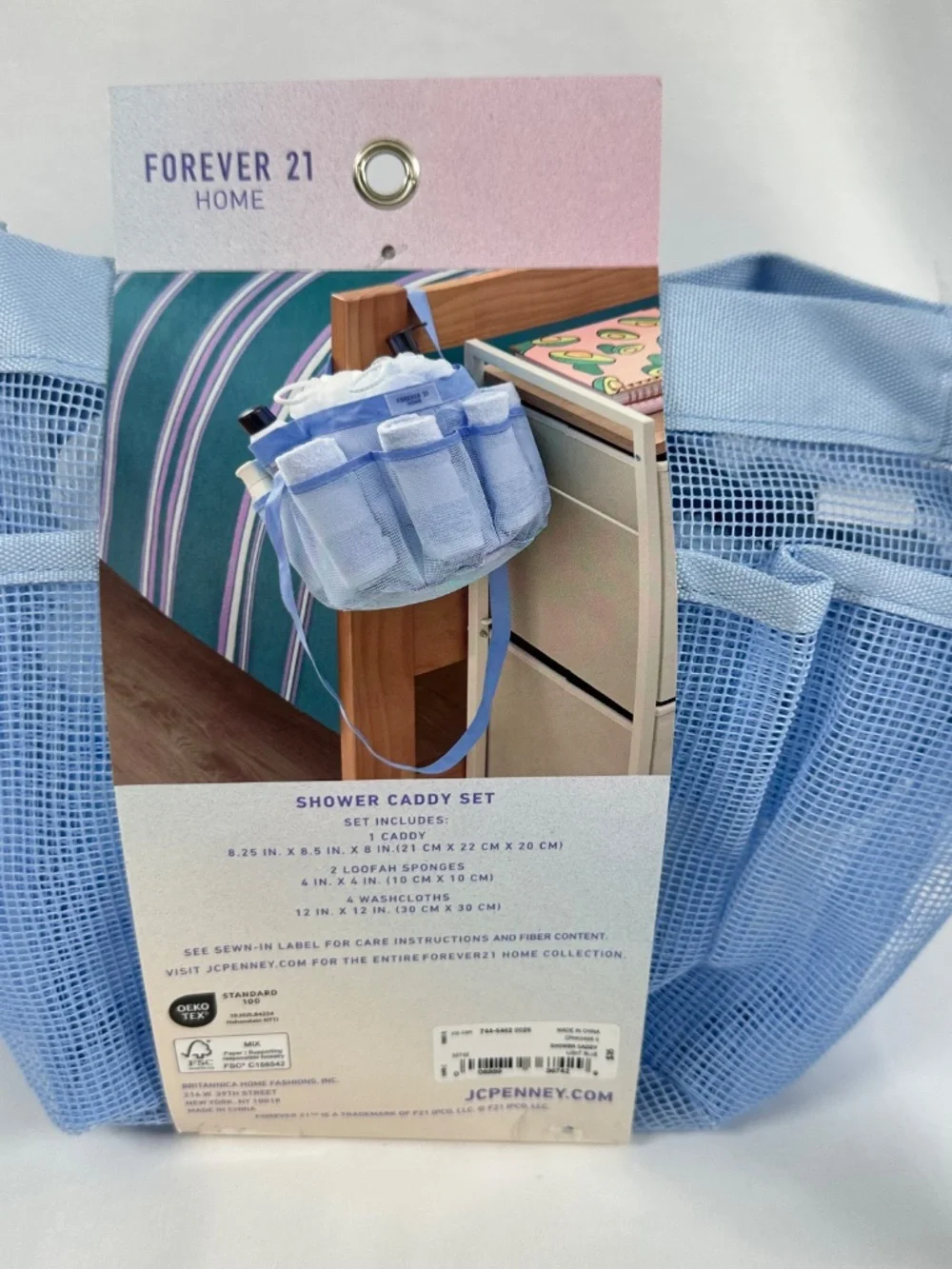 Forever 21 Home Collection, Shower Caddy Set w/4 Washcloths and 2 Loofahs, Blue